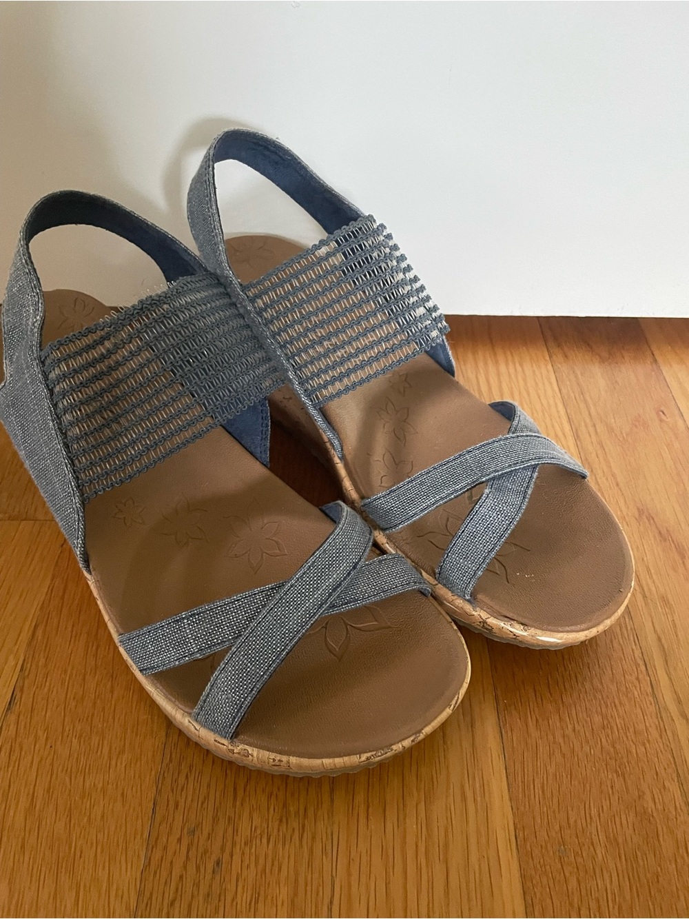 Skechers Gray Denim-Look Elastic Strap Wedge Sandals